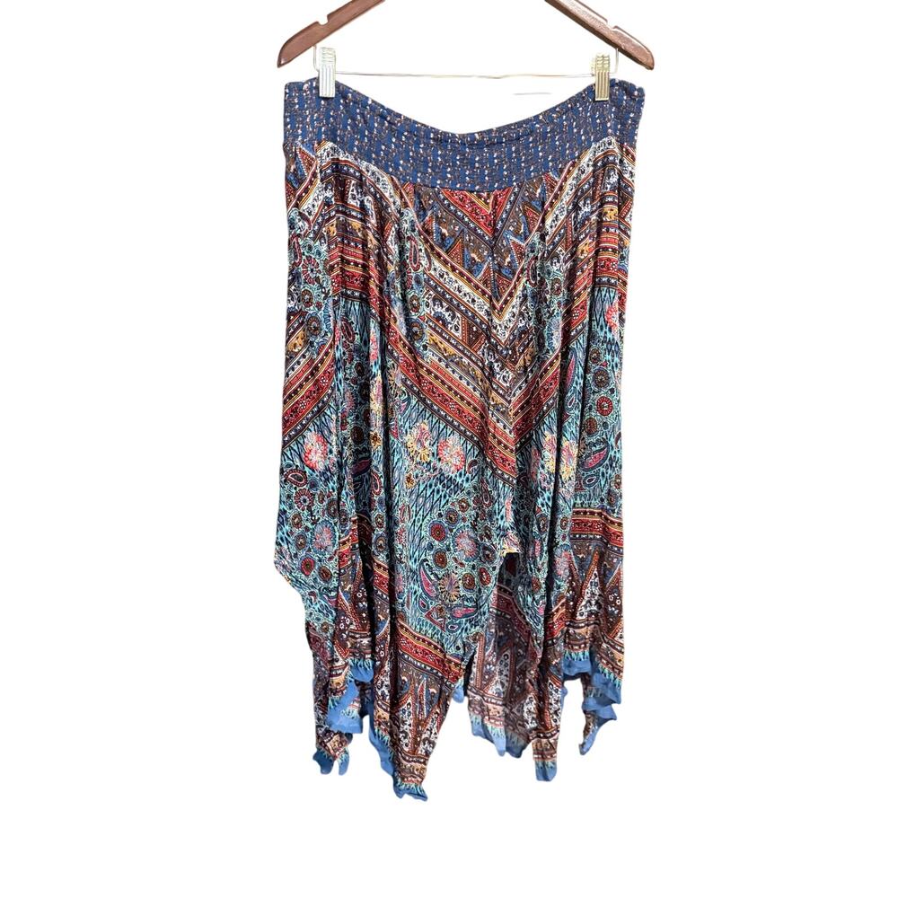 Bila boho patchwork handkerchief hem skirt XL smocked waist midi maxi peasant